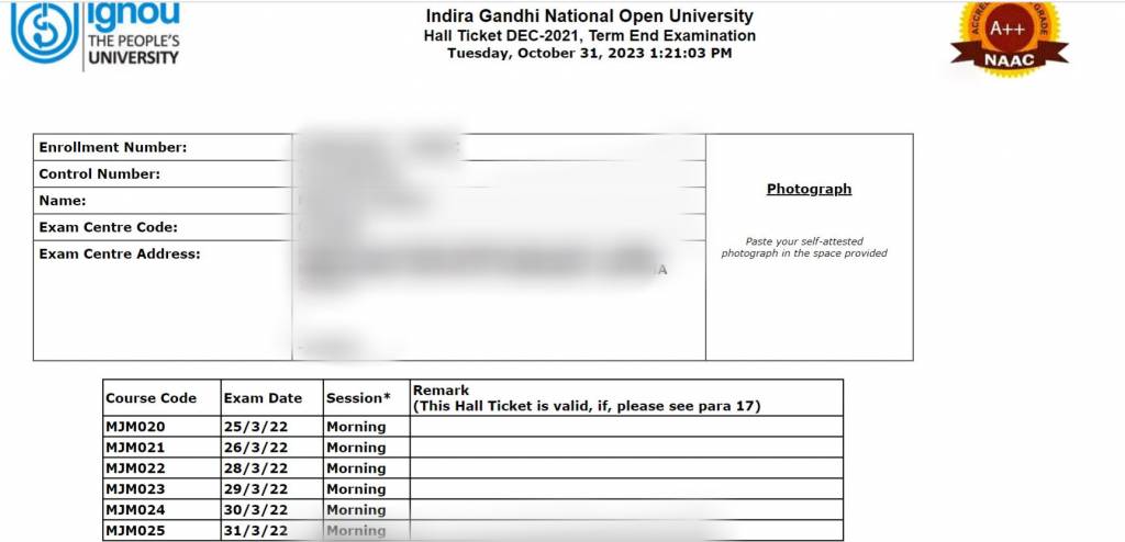 IGNOU Hall Ticket June 2025 Sample