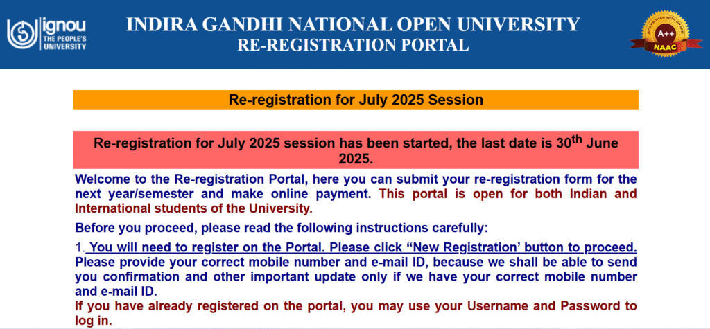 IGNOU Re-Registration 2025 July Session